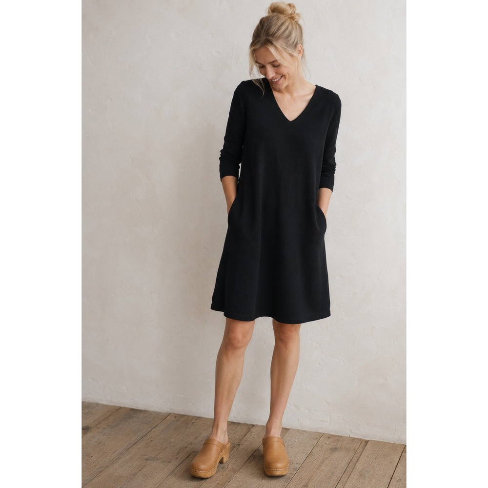 Hanna Andersson Women Black Cotton V-Neck Long Sleeve Knit Sweater Dress Medium
